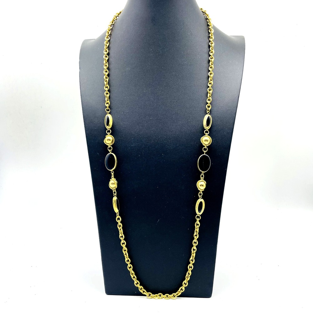 Vintage Gold Tone Station Necklace Black Beads Open Oval Link Chain Long